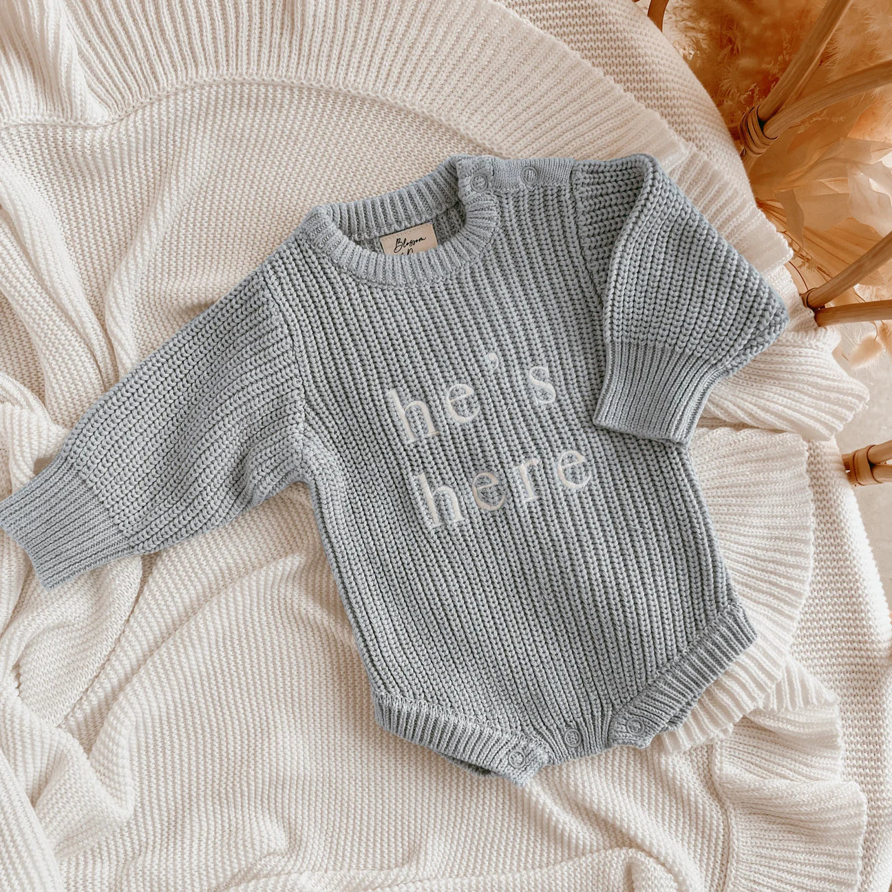‘He’s Here’ Powder Blue Long Sleeve Knit Romper